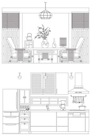 Line drawing vector illustration of the Interior. Kitchen and living room.のイラスト素材