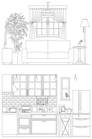 Line drawing vector illustration of the Interior. Kitchen and living room.のイラスト素材