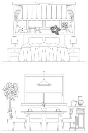 Line drawing vector illustration of the Interior. Dining room and bedroom.のイラスト素材