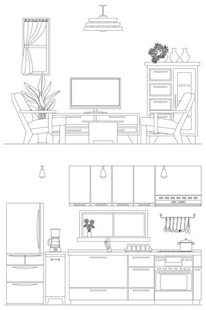 Line drawing vector illustration of the Interior. Kitchen and living room.のイラスト素材