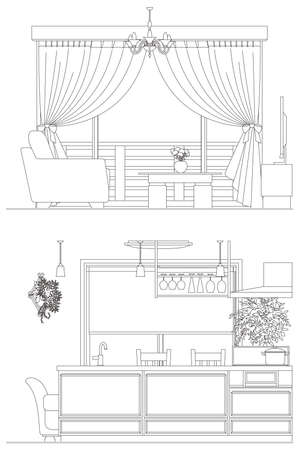 Line drawing vector illustration of the Interior. Kitchen and living room.のイラスト素材