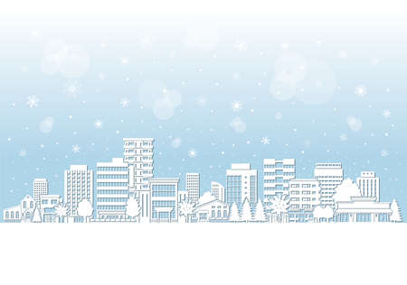 Illustration of snow scene of cityscape.