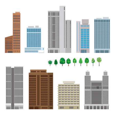 Vector illustration of various buildings. Exterior view of the building.のイラスト素材
