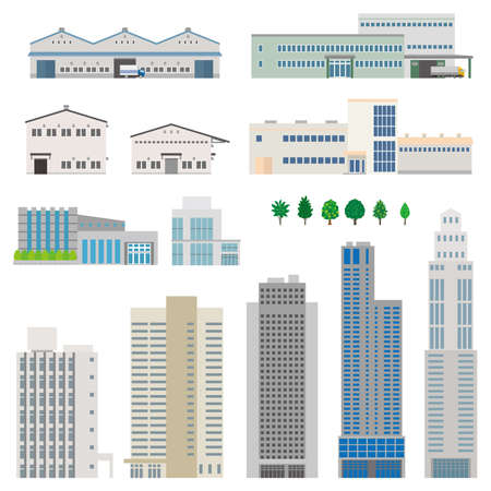 Vector illustration of various buildings. Exterior view of the building.のイラスト素材