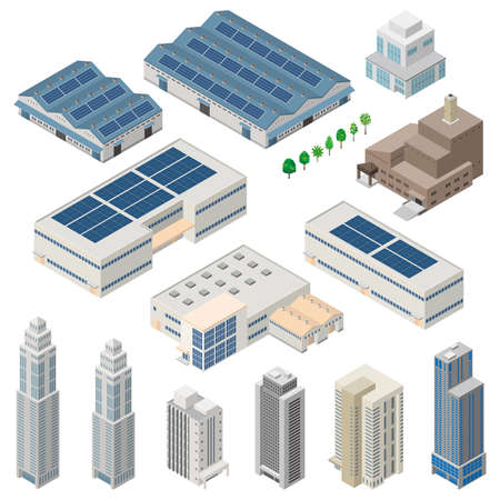 Three-dimensional illustrations of various buildings. Exterior view of the building.のイラスト素材
