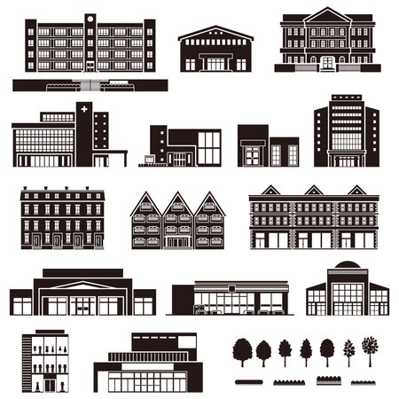 Vector illustration of various buildings. Exterior view of the building.Building silhouette.のイラスト素材