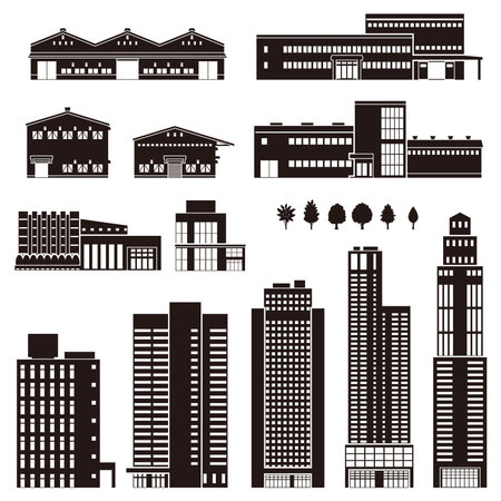 Vector illustration of various buildings. Exterior view of the building.Building silhouette.のイラスト素材