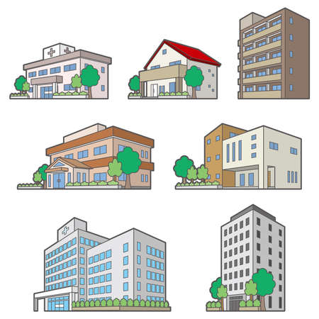 Illustrations of perspective views of various buildings.のイラスト素材