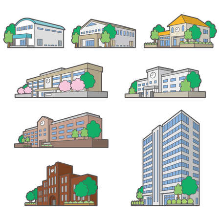 Illustrations of perspective views of various buildings.のイラスト素材