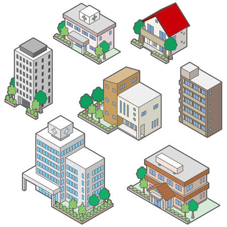 Illustration of 3D shapes of various buildings.のイラスト素材