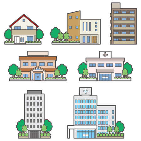 Illustration of the front of various buildings.のイラスト素材