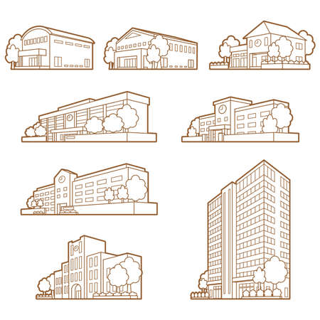 Illustrations of perspective views of various buildings.のイラスト素材