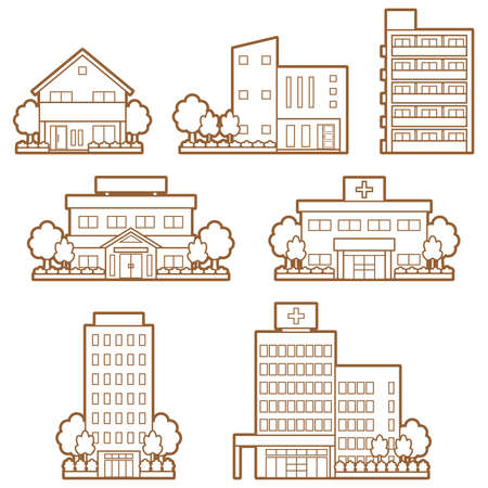 Illustration of the front of various buildings.のイラスト素材