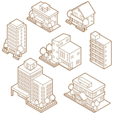 Illustration of 3D shapes of various buildings.のイラスト素材