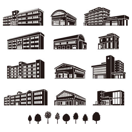 Vector illustration of various buildings. Exterior view of the building.のイラスト素材