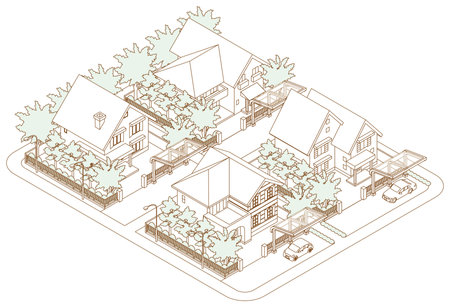 Three-dimensional view of the townscape. Cityscape. Line drawing illustration.のイラスト素材