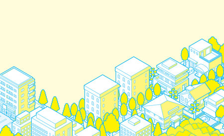 Cityscape background with buildings and trees. Vector illustration in line art style.のイラスト素材