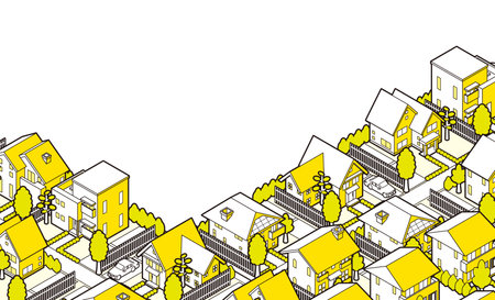 Cityscape with houses, roads and trees. Vector illustration.のイラスト素材