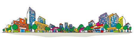 Cityscape illustration. Hand-drawn style. Perspective view. Colorful.のイラスト素材