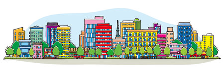 Illustration of a cityscape lined with buildings. Hand-drawn style.のイラスト素材