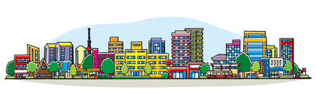 Illustration of a cityscape lined with buildings. Hand-drawn style.のイラスト素材