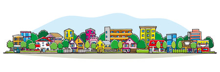 Illustration of a cityscape lined with buildings. Hand-drawn style.のイラスト素材
