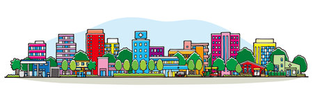 Illustration of a cityscape lined with buildings. Hand-drawn style.のイラスト素材