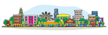 Illustration of a cityscape lined with buildings. Hand-drawn style.のイラスト素材