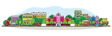 Illustration of a cityscape lined with buildings. Hand-drawn style.のイラスト素材