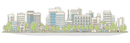 Cityscape with buildings, trees and streets. Line art style vector illustration.のイラスト素材