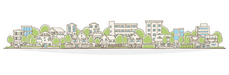 Cityscape with houses and trees. Hand-drawn vector illustration.のイラスト素材