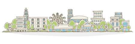 Cityscape with buildings and trees. Hand drawn vector sketch illustration.のイラスト素材