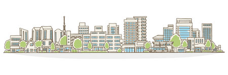 Cityscape with buildings and trees. Vector illustration. Eps 10.のイラスト素材