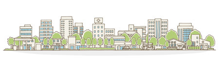 Cityscape with buildings and trees. Vector illustration in flat style.のイラスト素材