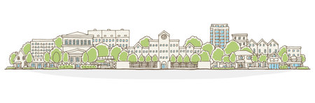 Cityscape with buildings, trees and houses. Vector illustration in cartoon style.のイラスト素材
