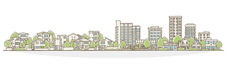 Cityscape with houses and trees on a white background. Vector illustration.のイラスト素材