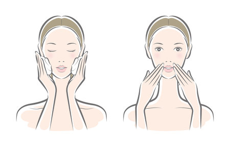 Illustration of a young woman applying moisturizer cream on her faceのイラスト素材