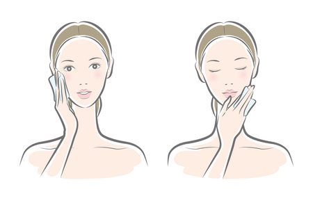 Illustration of a young woman applying moisturizing cream on her faceのイラスト素材