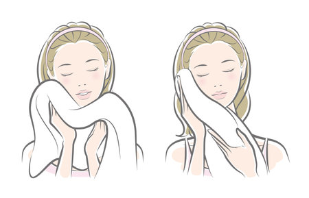 Illustration of a woman taking care of her face with a towelのイラスト素材