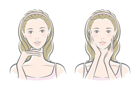Illustration of a young woman applying cream on her face, vector illustrationのイラスト素材