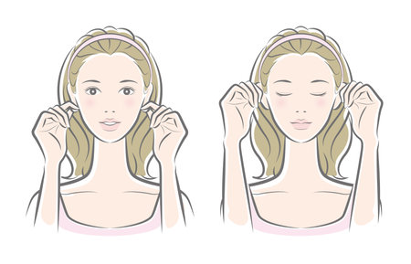 Illustration of a young woman listening to music with earphones.のイラスト素材