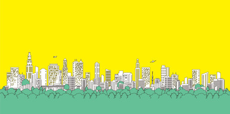 Cityscape with green grass and buildings. Vector illustration for your designのイラスト素材