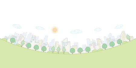 cityscape with trees and sun in the sky, vector illustration.のイラスト素材