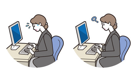 Illustration of a man and a woman working on computers in the officeのイラスト素材