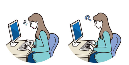 Illustration of a young woman using a computer in the office.のイラスト素材