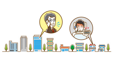Businessman talking on the phone in front of the city. Vector illustration.のイラスト素材