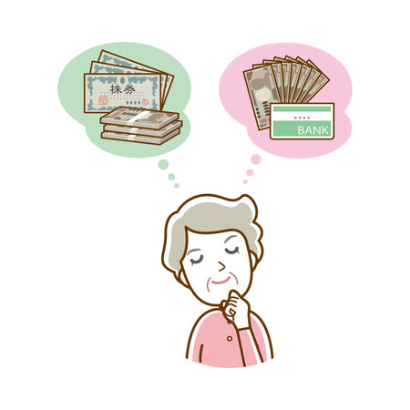 Illustration of an old woman thinking about investing.のイラスト素材