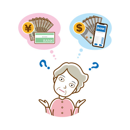 Illustration of an old woman thinking about asset management.のイラスト素材