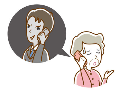 Illustration of an old woman troubled by nuisance calls.のイラスト素材