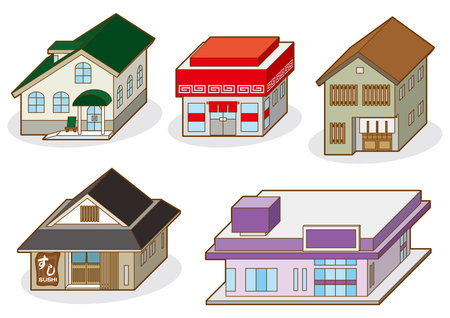 A set of six different houses on a white background. Vector illustration.のイラスト素材